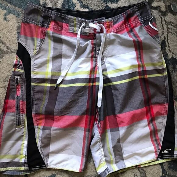 O’Neill Mens Board Shorts Swim Trunks Surf Size 31 Plaid Zip Pockets - Picture 1 of 7